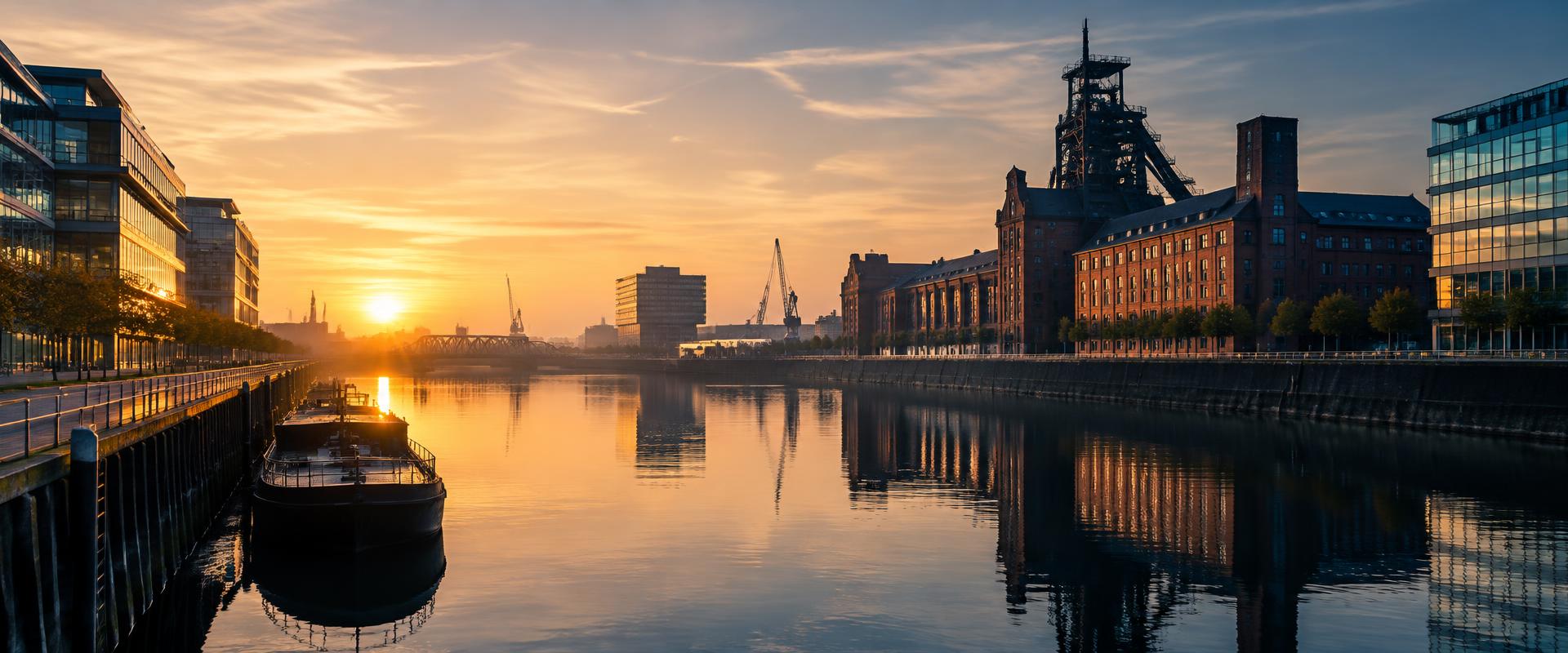 Duisburger Innenhafen im warmen Licht des Sonnenaufgangs